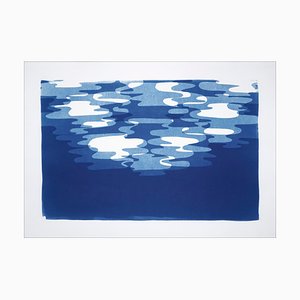 Monotype en tonos azules de contornos de reflexión de la luz de la luna, papel de acuarela blanco 2019