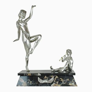 E Monier, Art Deco Dancer Egyptian and Fauna, 20th Century, Bronze and Silver Sculpture