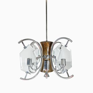 Lámpara de araña Art Déco de níquel noqueado con paneles de vidrio cortado, años 30