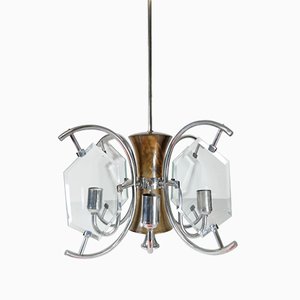 Nickel Plated Art Deco Chandelier of Walnut with Cut Glass Panels, 1930's