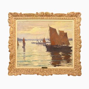 Paesaggio marino con barche a vela, olio su tela, XX secolo