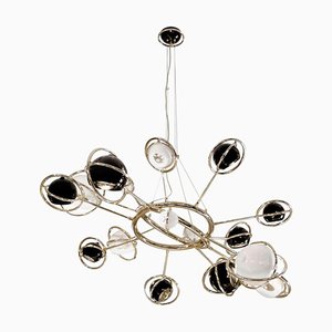 Pendant Light In Brass and Steel With Black and White Globes