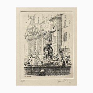 Giuseppe Malandrino - Navona Square, the Triton Fountain - Etching - 1970