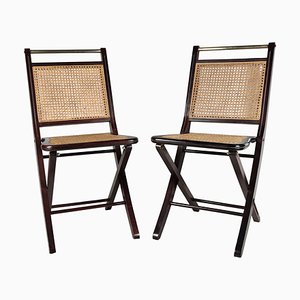 Mid-Century Italian Wood, Brass & Rattan Folding Chairs, Set of 2