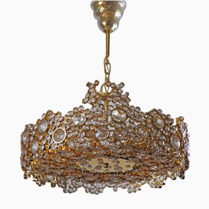 Lámpara de araña de latón dorado y cristal al estilo de Palwa o Lobmeyr, años 60