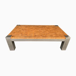 Mesa de centro francesa con cubo de madera y metal cromado, años 70