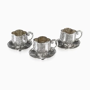 Antique 19th-Century Chinese Solid Silver Tea Cups & Saucers from Nam-Hing, Set of 3