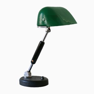 Bauhaus Banker's Table Lamp With Original Green Glass, 1930s