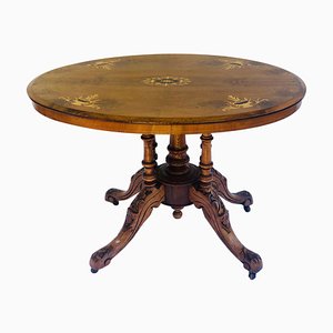 Table d'Appoint Ovale Antique Victorienne en Noyer Marqueté, 19ème Siècle