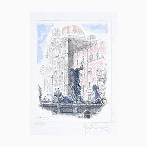 Giuseppe Malandrino - Piazza Navona - Fontana del Tritone - Roma - Acquaforte di G. Malandrino - anni '70