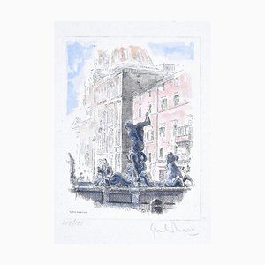 Giuseppe Malandrino - Place Navona - Fontaine du Triton - Rome - Gravure à l'eau-Forte par G. Malandrino - 1970s