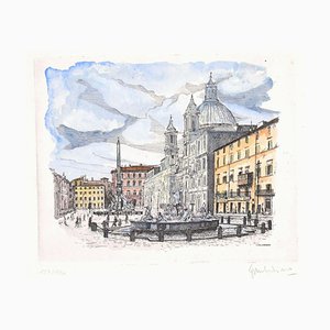 Giuseppe Malandrino - Navona Square - Roma - Grabado original, años 70