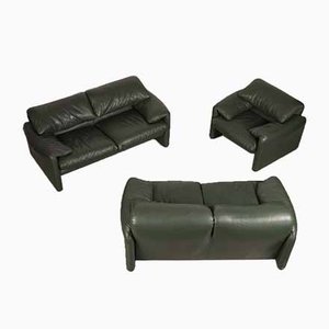 Dark Green Leather Maralunga Sofas & Armchair by Vico Magistretti for Cassina, 1970s, Set of 3