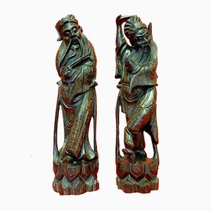 Exotic Wooden Statues Inlaid with Silver, 1900s