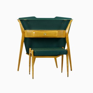 Consola Mid-Century verde con taburete. Juego de 2