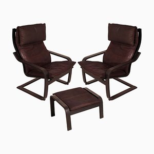 Leather Poäng Chairs & Footrest by Noboru Nakamura for IKEA, 1990s, Set of 3