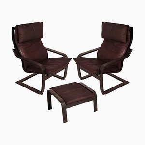 Leather Poäng Chairs & Footrest by Noboru Nakamura for IKEA, 1990s, Set of 3