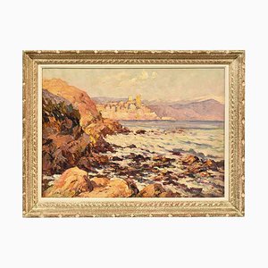 Dipinto piccolo paesaggio marino, olio su tela, inizio XX secolo