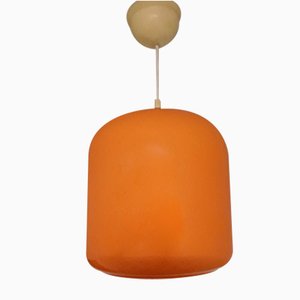 Lampada da soffitto vintage in vetro smaltato arancione su supporto in metallo verniciato bianco