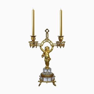 Napoleon IIII Fire-Gilded Bronze Putto Candlestick from Baccarat