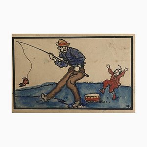 Desconocido - The Fisherman - Dibujo acuarela original - años 20