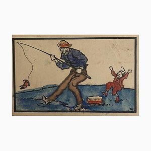 Inconnu - the Fisherman - Original Watercolor Drawing - 1920s