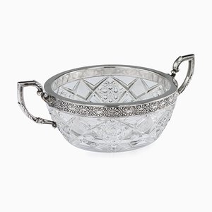 Antique Russian Silver-Mounted Cut Glass Bowl from 15th Artel, 1910s
