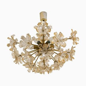 Large Brass and Glass Murano Flower Chandelier, Italy, 1970