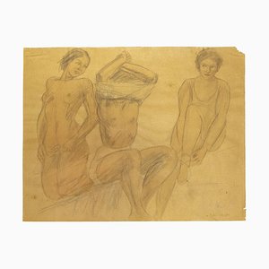 O. Roche, Figures, Pencil and Oil Pastel on Paper, 1938