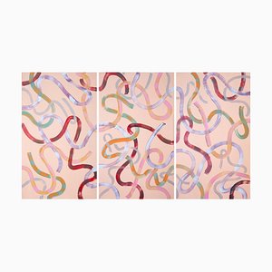 Abstract Triptych of Soothing Peach Lines, Acrylic Painting on Canvas, 2020