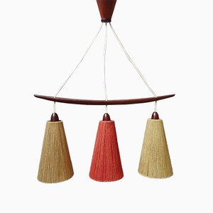 Teak and Sisal Ceiling Lamp in Beige and Dark Red from Temde, 1960s