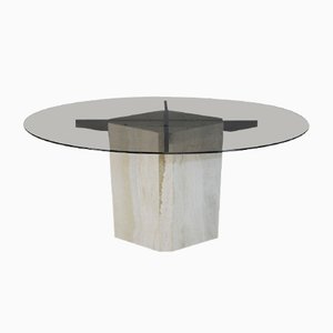 Dining Table with Stone Base and Smoked Glass Top, 1970s