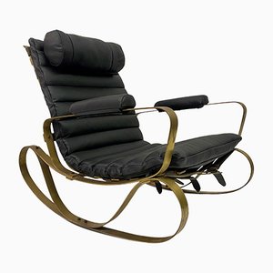 Italian Brass and Black Leather Rocking Chair by Luciano Frigerio, 1970s