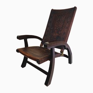 Chaise Pliante Mid-Century Moderne Equatorienne en Bois et en Cuir par Angel Pazmino pour Furniture Style