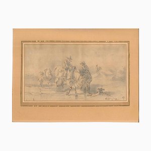 Desconocido - Paisaje con hombres y caballos - Tinta china original y acuarela - A principios de 1800