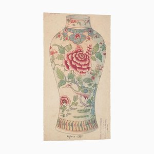 Vase en Porcelaine, Chine, 1890s, Ink and Aquarelle
