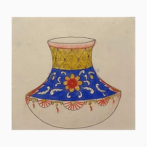 Jarrón chino de porcelana, finales del siglo XIX, tinta y acuarela