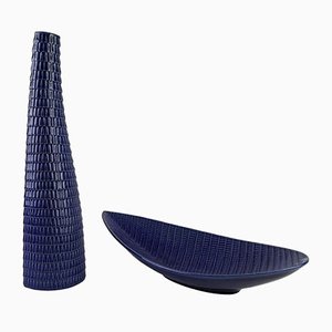 Mid-Century Blue Reptile Bowl & Vase by Stig Lindberg for Gustavsberg, Set of 2