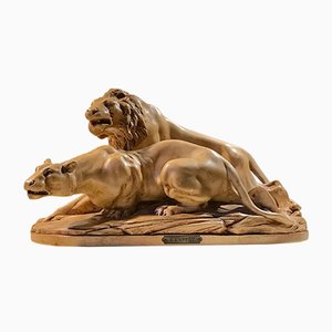 French L'Affut Art Deco Sculpture of Lions by A. Martinez, Paris 1924