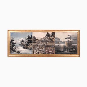 Oriental Painting of 3 Pictures, 100 Years Old, Gilt Frame