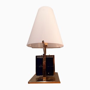Table Lamp in Brass with Blue Glass Cubes and White Opaline Cone, 1990s