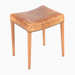 Tabouret en Cuir Patiné et Chêne, 1950s