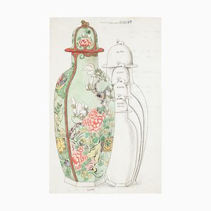 Desconocido - Lámpara de porcelana - Tinta china original y acuarela - Finales del siglo XIX
