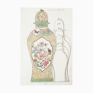 Desconocido - Jarrón de porcelana - Tinta china original y acuarela - década de 1890
