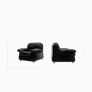 Vintage Black Leather Lounge Chairs, 1970s, Set of 2