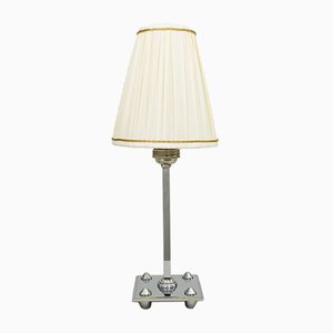 Art Deco Nickel-Plated Brass Table Lamp with Fabric Lampshade, 1920s