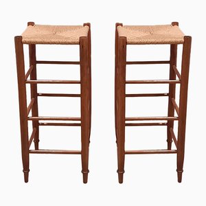 Juego de taburetes de bar Mid-Century con asiento Rush, años 60