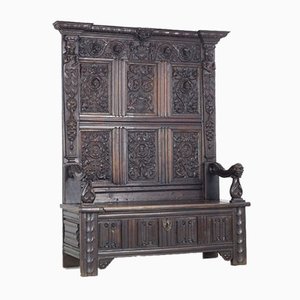 Banc Coffre Néo-Gothique Antique en Chêne