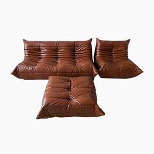 Leather Whiskey Brown Togo Living Room Set by Michel Ducaroy for Ligne Roset, 1970s, Set of 3