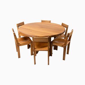 Models T21 & S24 Dining Table & Chairs by Pierre Chapo, 1970s, Set of 7